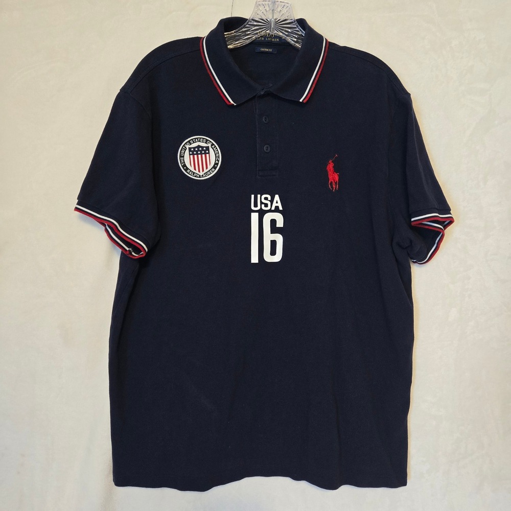 Polo Ralph Lauren USA 16 Navy Blue Olympic Polo Shirt Mens XL Custom Fit